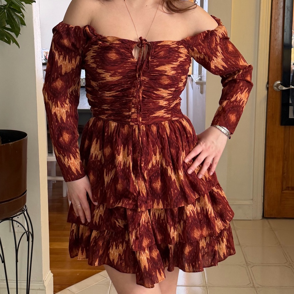 Off-Shoulder Tiered Mini Dress in Rust Print